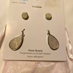 Time and Tru Set Of 3 Hypo-Allergenic Rose Quartz Earrings With Dust Bag